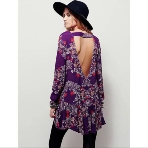 𝅺Free People Smooth Talker Tunic Mini Dress Purple Boho Open Back Pockets  XS - Picture 1 of 15